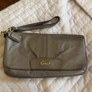 Coach Taupe Leather Wristlet Clutch with Gold Logo